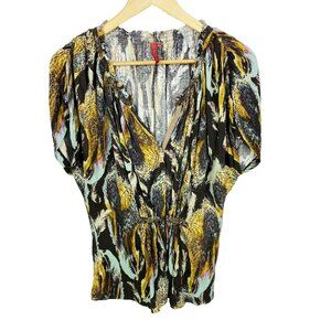 One September Anthropologie Blouse Size Small Feather Print Top Beaded Trim